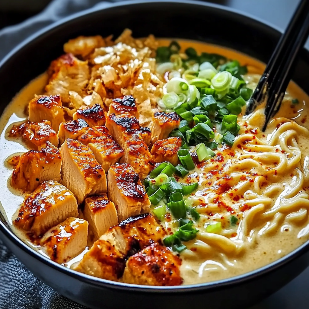 Fiery Chicken Ramen with Creamy Garlic Sauce